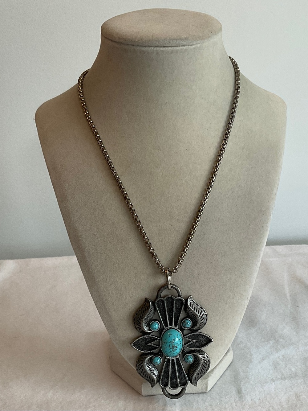 Turquoise Accent Silver-Tone Metal Pendant Necklace